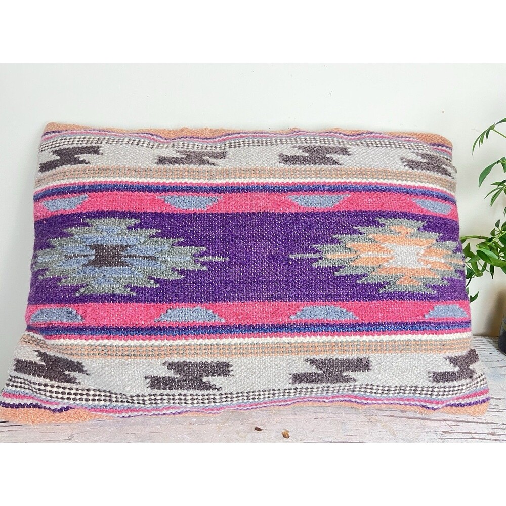 Vintage Vibrant Geometric Tribal Pattern Rectangular Kilim Throw Pillow Wool 24”